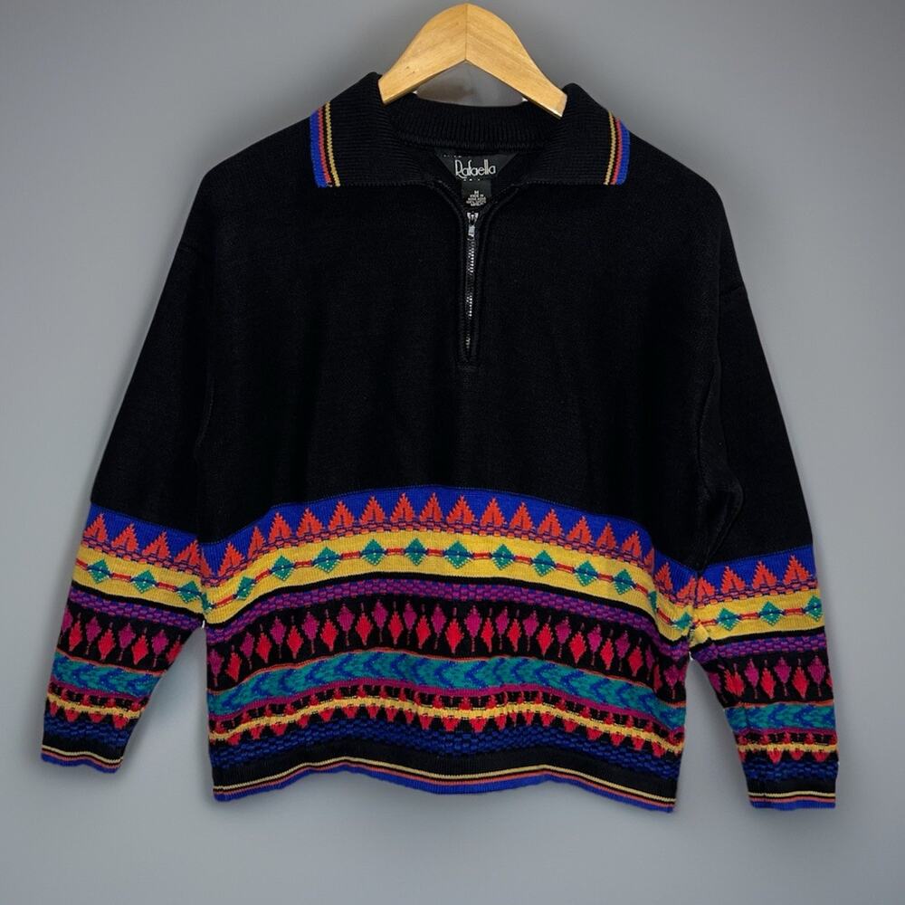 Vtg 80s Geometric Sweater Rafaella Knit Aztec Collar Bold Color Black Sz M